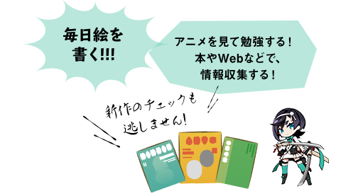 毎日絵を書く! アニメを見て勉強する!本やWebなどで、情報収集する! 新作のチェックも逃しません!